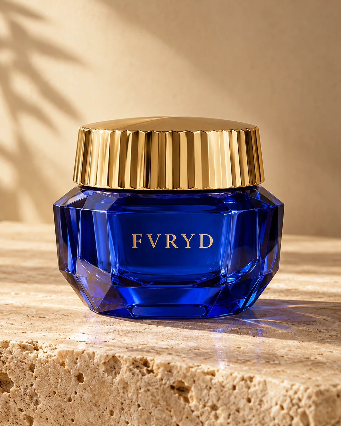 FVRYD Peptide Pro-Xylane Cream in a faceted blue glass jar with a gold lid