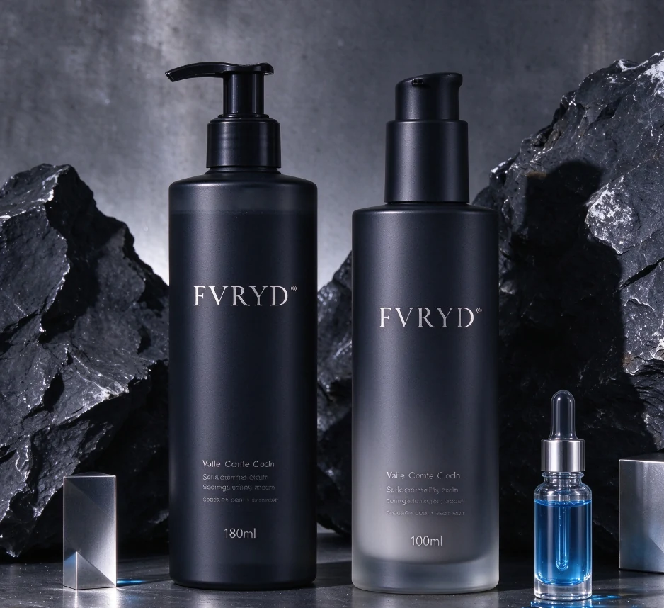 FVRYD bottles, 180 ml and 100 ml, with a blue serum dropper on dark stone